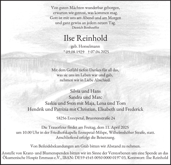 Traueranzeige von Ilse Reinhold von Tageszeitung