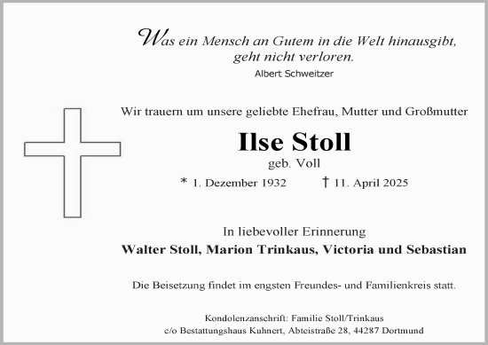 Traueranzeige von Ilse Stoll von Tageszeitung
