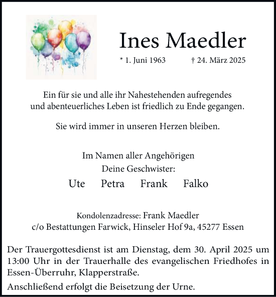 Traueranzeige von Ines Maedler von Tageszeitung