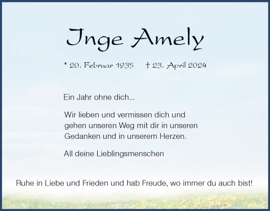 Traueranzeige von Inge Amely von Tageszeitung