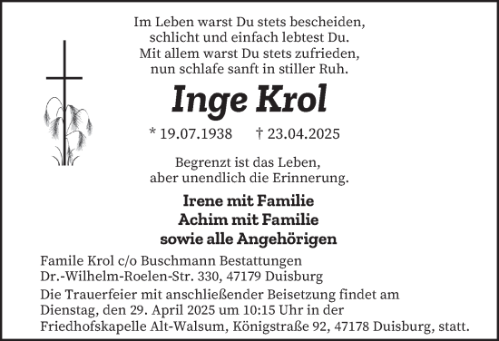 Traueranzeige von Inge Krol von Tageszeitung