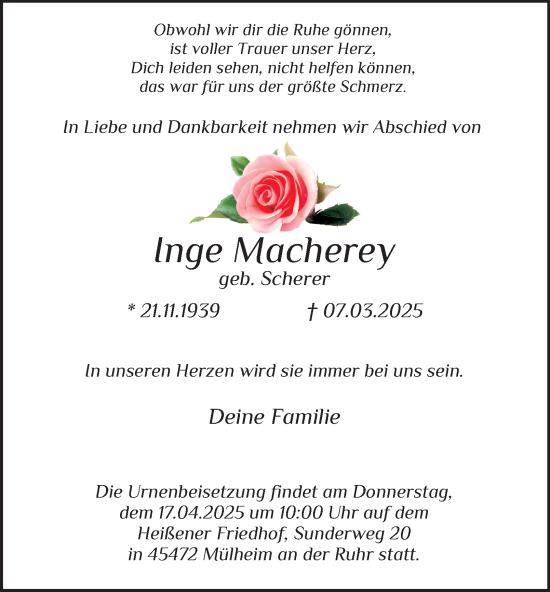 Traueranzeige von Inge Macherey von Tageszeitung