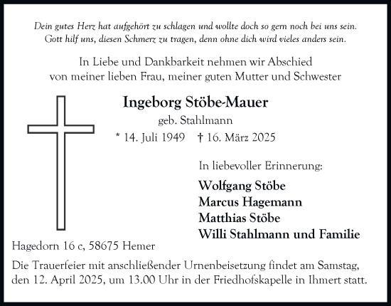 Traueranzeige von Ingeborg Stöbe-Mauer von Tageszeitung