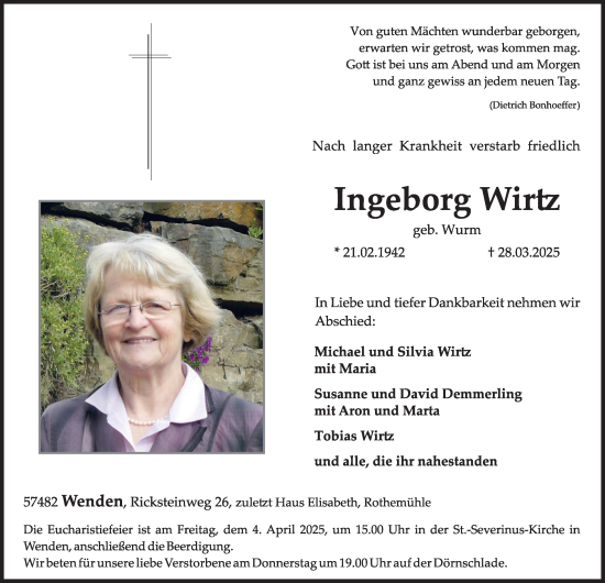 Traueranzeige von Ingeborg Wirtz von Tageszeitung