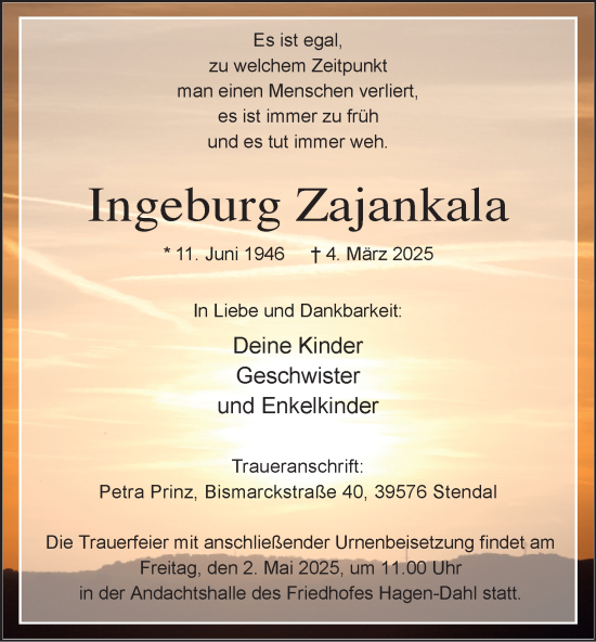 Traueranzeige von Ingeburg Zajankala von Tageszeitung