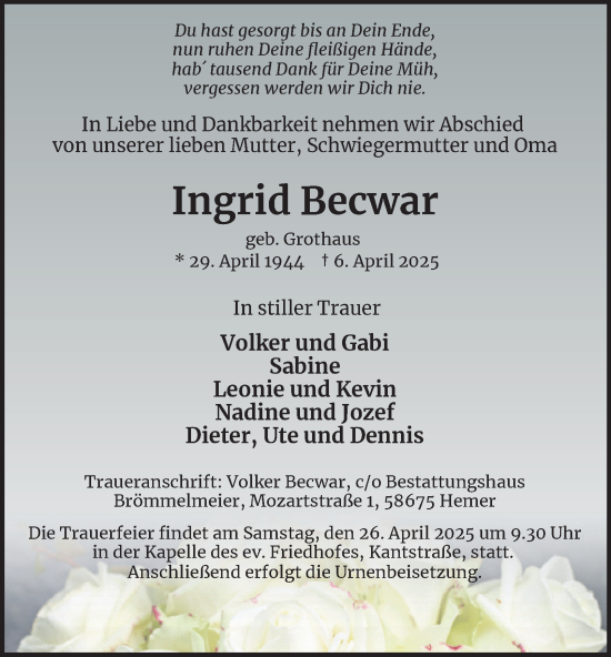 Traueranzeige von Ingrid Becwar von Tageszeitung