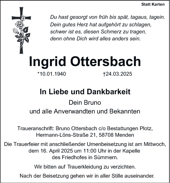 Traueranzeige von Ingrid Ottersbach von Tageszeitung