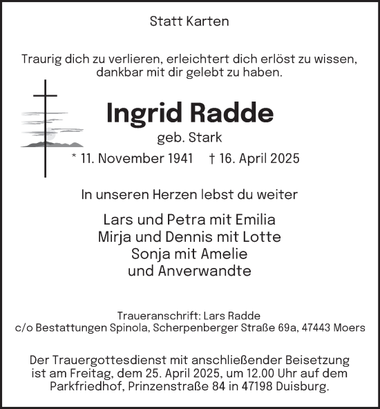 Traueranzeige von Ingrid Radde von Tageszeitung