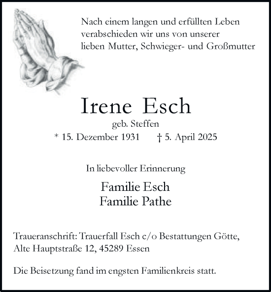 Traueranzeige von Irene Esch von Tageszeitung