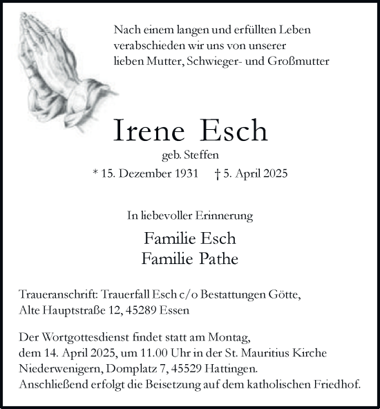 Traueranzeige von Irene Esch von Tageszeitung