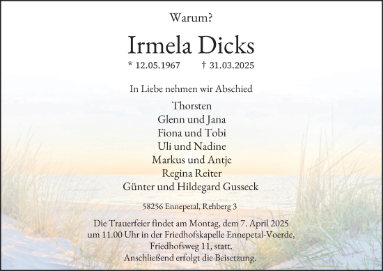 Traueranzeige von Irmela Dicks von Tageszeitung