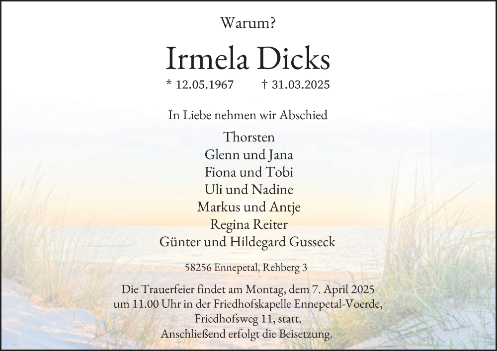  Traueranzeige für Irmela Dicks vom 05.04.2025 aus Tageszeitung