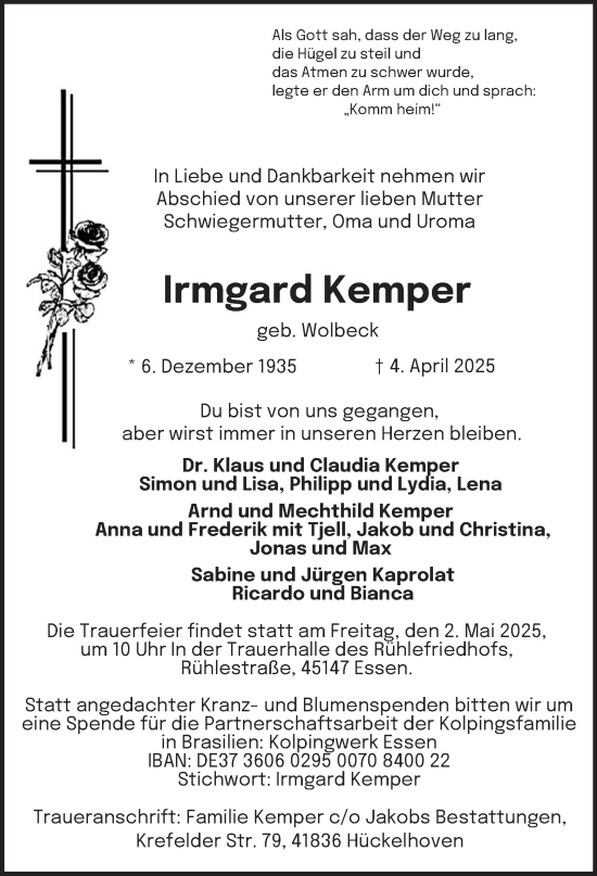 Traueranzeige von Irmgard Kemper von Tageszeitung