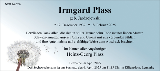 Traueranzeige von Irmgard Plass von Tageszeitung