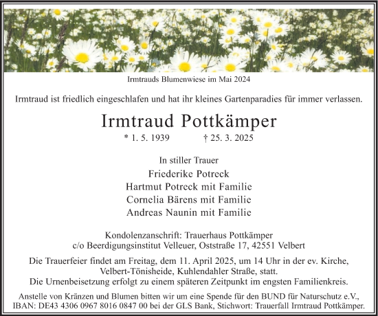 Traueranzeige von Irmtraud Pottkämper von Tageszeitung