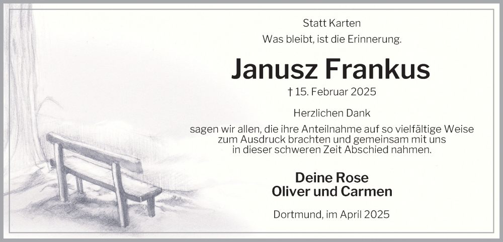  Traueranzeige für Janusz Frankus vom 05.04.2025 aus Tageszeitung
