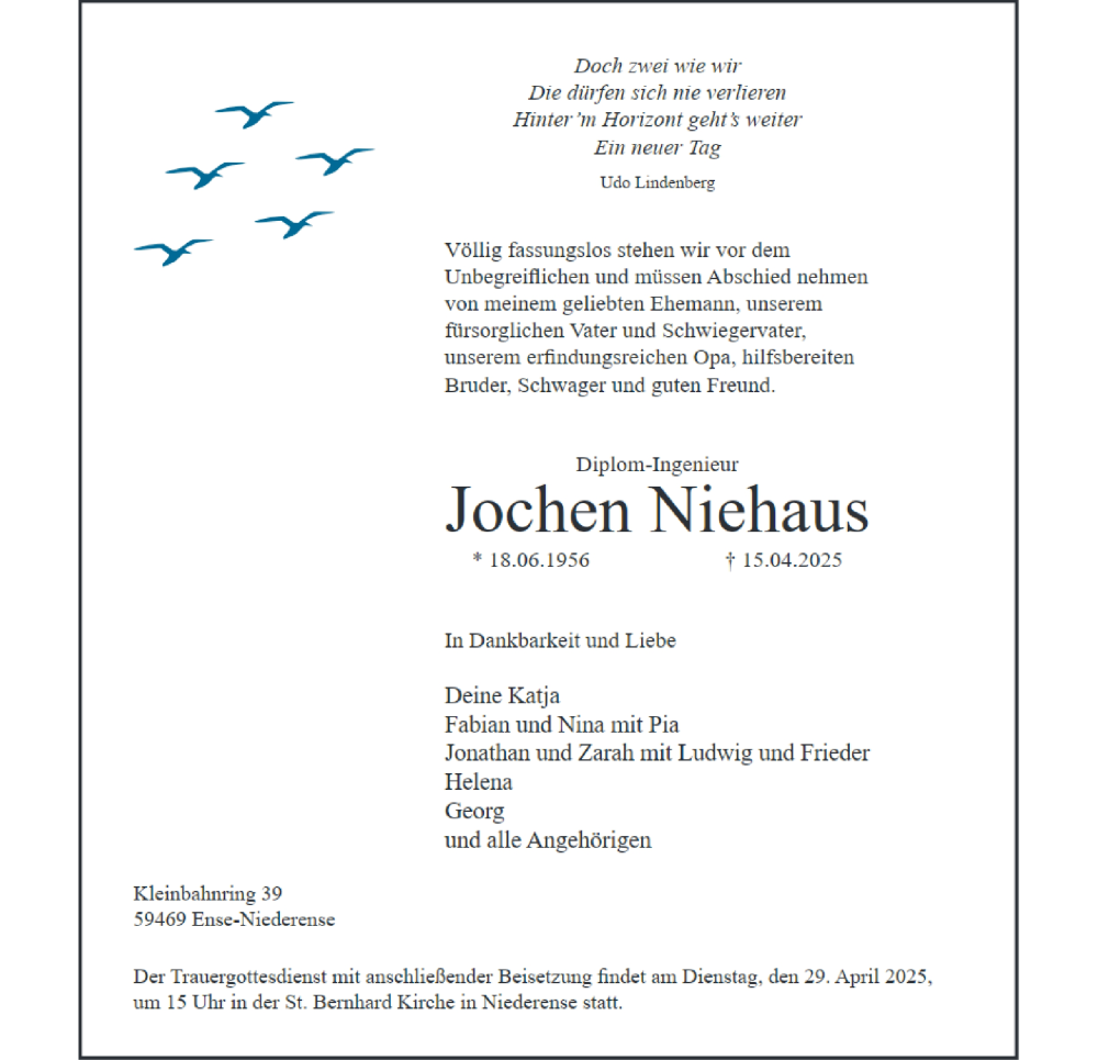 Traueranzeige für Jochen Nichaus vom 26.04.2025 aus Tageszeitung