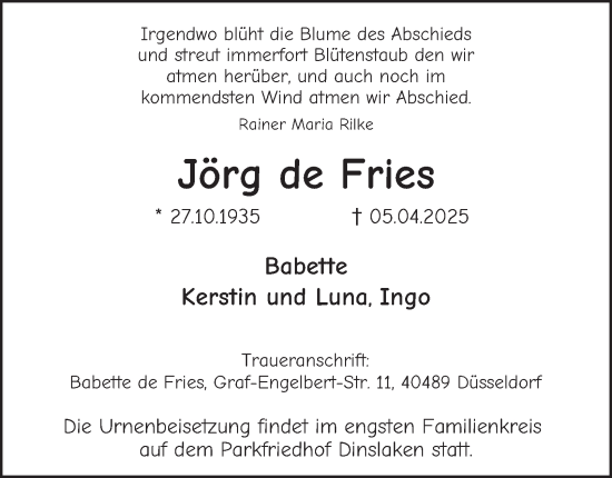 Traueranzeige von Jörg de Fries von Tageszeitung