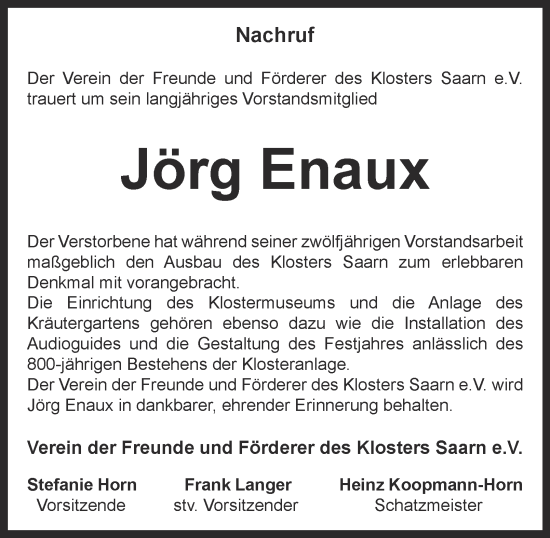 Traueranzeige von Jörg Enaux von Tageszeitung