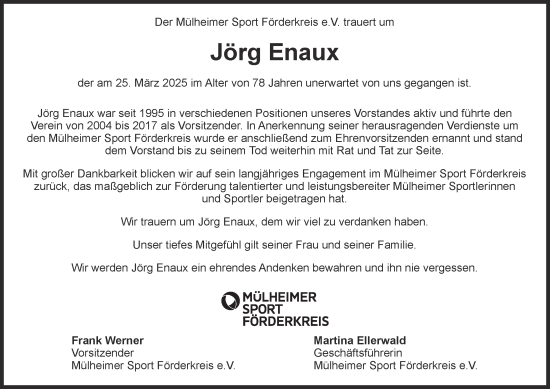 Traueranzeige von Jörg Enaux von Tageszeitung