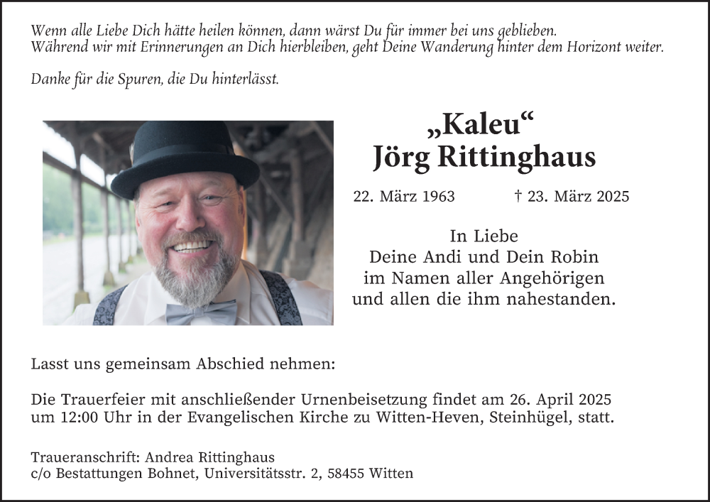  Traueranzeige für Jörg Rittinghaus vom 12.04.2025 aus Tageszeitung