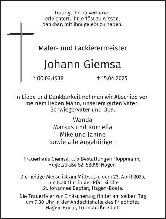 Traueranzeige von Johann Giemsa von Tageszeitung