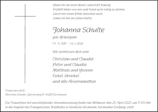 Traueranzeige von Johanna Schulte von Tageszeitung