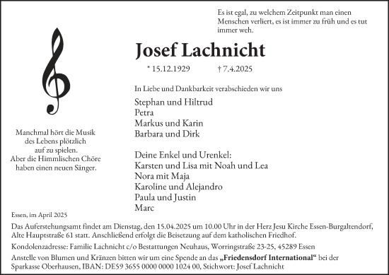 Traueranzeige von Josef Lachnicht von Tageszeitung