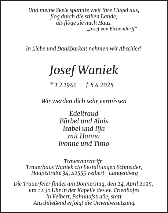 Traueranzeige von Josef Waniek von Tageszeitung