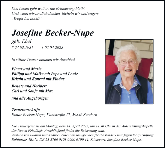 Traueranzeige von Josefine Becker-Nupe von Tageszeitung
