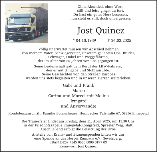 Traueranzeige von Jost Quinez von Tageszeitung