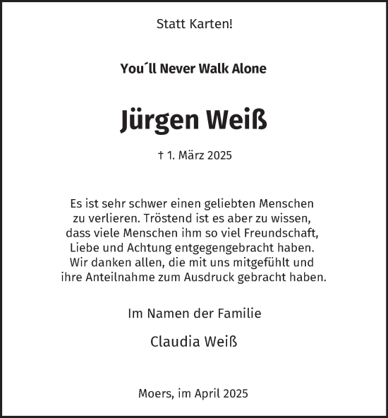 Traueranzeige von Jürgen Weiß von Tageszeitung