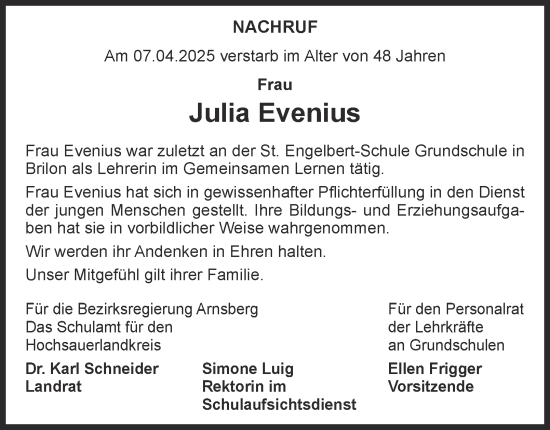 Traueranzeige von Julia Evenius von Tageszeitung