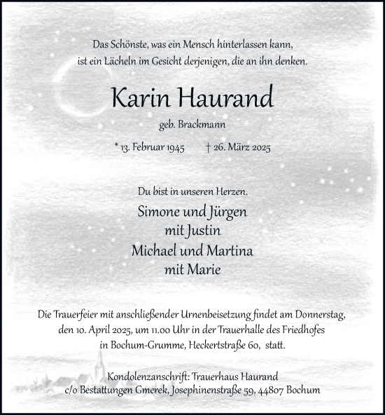 Traueranzeige von Karin Haurand von Tageszeitung