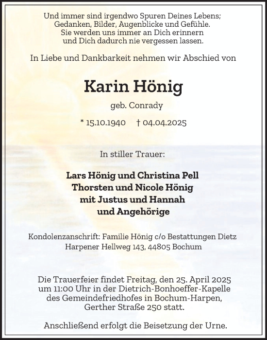 Traueranzeige von Karin Hönig von Tageszeitung