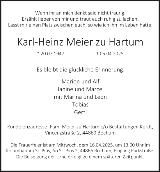 Traueranzeige von Karl-Heinz Meier zu Hartum von Tageszeitung