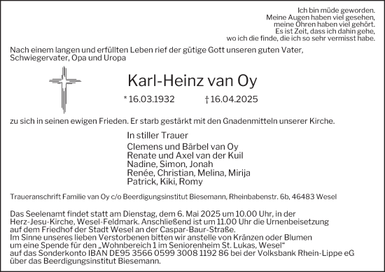 Traueranzeige von Karl-Heinz van Oy von Tageszeitung
