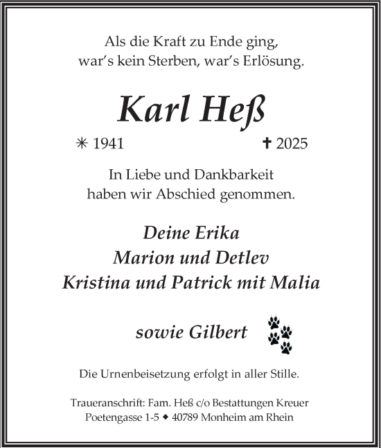 Traueranzeige von Karl Heß von Tageszeitung