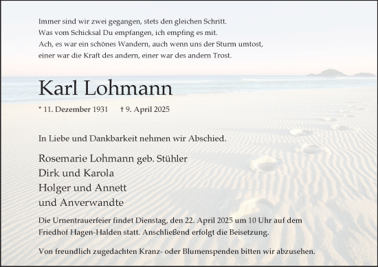 Traueranzeige von Karl Lohmann von Tageszeitung