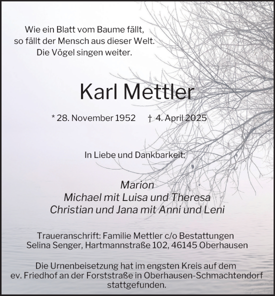 Traueranzeige von Karl Mettler von Tageszeitung