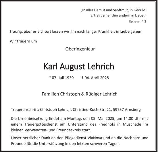 Traueranzeige von Karl August Lehrich von Tageszeitung