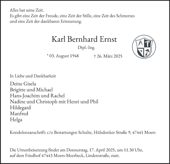Traueranzeige von Karl Bernhard Ernst von Tageszeitung