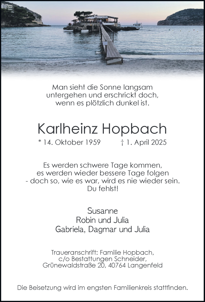  Traueranzeige für Karlheinz Hopbach vom 12.04.2025 aus Tageszeitung