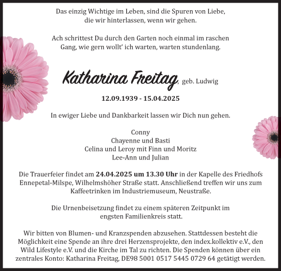 Traueranzeige von Katharina Freitag von Tageszeitung