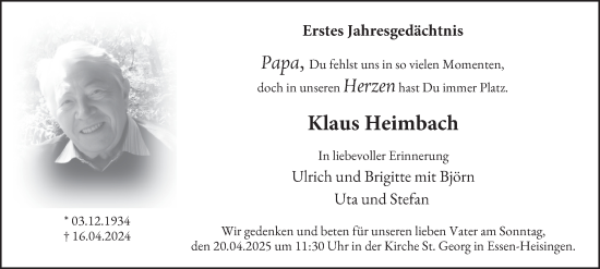 Traueranzeige von Klaus Heimbach von Tageszeitung