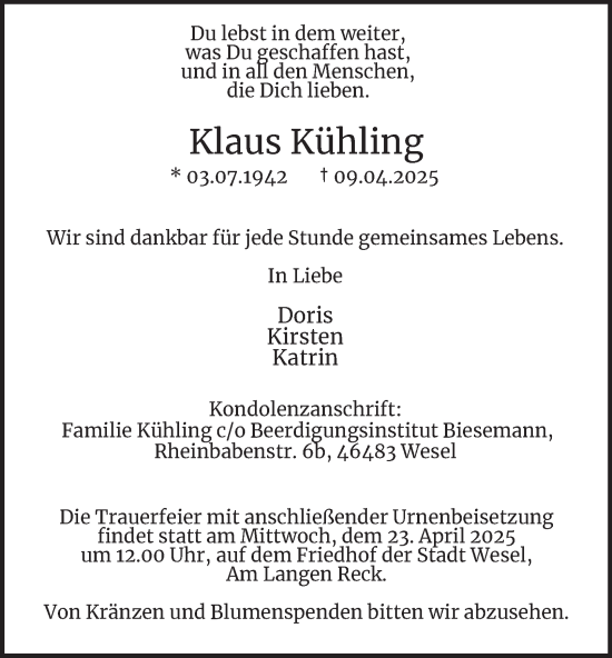 Traueranzeige von Klaus Kühling von Tageszeitung