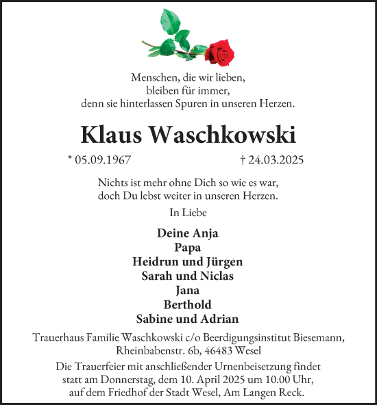 Traueranzeige von Klaus Waschkowski von Tageszeitung