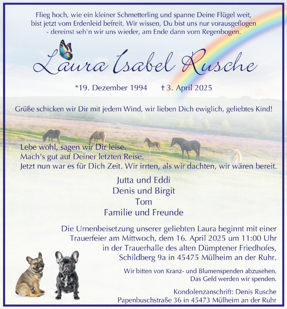  Traueranzeige für Laura Isabel Rusche vom 12.04.2025 aus Tageszeitung
