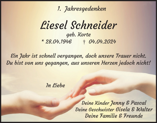 Traueranzeige von Liesel Schneider von Tageszeitung