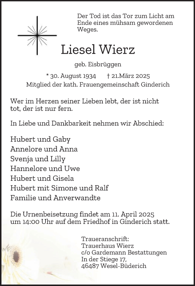  Traueranzeige für Liesel Wierz vom 02.04.2025 aus Tageszeitung
